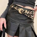 Ceinture léopard en cuir rétro avec boucle en croissant doré sur jupe plissée noire - 117# Boucle dorée demi-lune imprimé léopard