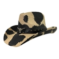 Detail of western cow print straw hat featuring a leather band with metal bull head emblem - Beige + Black / M (56-58cm)