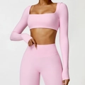 Pink long-sleeve crop top and high-waisted yoga pants fitness set with square neckline - S / Sakura Pink