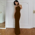 Robe longue fendue sans manches à col montant marron foncé de style français élégant - S / café