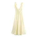 Elegantes hellgelbes Satin-Slipkleid mit Bindeträgern und tiefem V-Ausschnitt-Design - XS / Hellgelb