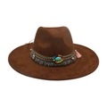 Cappello fedora marrone scuro in lana con perline etniche e pietra turchese - Taglia unica / caffè