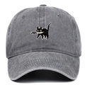 Vintage gewaschene graue Baseballkappe mit schwarzer Katze Messer-Stickerei Design - Verstellbar / Grau