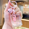 Pink quicksand cartoon bear keychain with sequins and hooded doll in liquid filled case - Pink Cute Bear - Mahjong