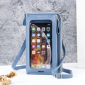 Blue faux leather crossbody phone bag with transparent touch screen window and strap - Blue