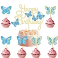 Detail of pink and blue glitter butterfly cake topper set with Happy Birthday sign - Gold Large Topper + 6 Gold Blue Butterfly Small Toppers