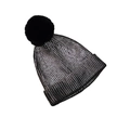 Metallic silver knit beanie for adults with a large black faux fur pom pom decoration - One Size / Antique Silver