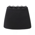 Elegant black mini skirt featuring delicate lace trim and stretch fabric for women - S