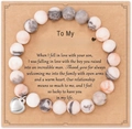 Handmade beaded bracelet with white marble stones and silver heart charm for mother-in-law - Pink Zebra + Mother in Law Card