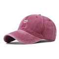 Vintage washed dark red cotton baseball cap with white heart embroidery from 45-degree angle - Adjustable / Wine Red