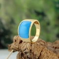Golden stainless steel wide band ring featuring a rectangular blue cat's eye stone - US 7 / Gold Light Blue