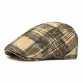 Plaid newsboy cap in brown and beige patterns with a textured vintage tweed finish - Adjustable / Khaki Grid