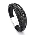 Multi-layer black braided leather bracelet for men with silver magnetic metal clasp - Black/Silver Buckle / 21cm