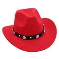 Detail of red wool felt cowboy hat featuring black leather band with pearls and silver studs - Red