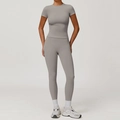 Women's 2-piece brushed yoga set in charcoal grey with slim fit short sleeves and high waist - S / Top And Bottom / Short Sleeve + Leggings / Frost Grey