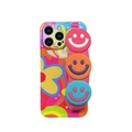 Floral iPhone case with pink braided strap featuring colorful silicone smile beads - SJ3 Smile Face Wristband / iPhone 15
