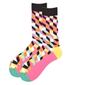 Bunte Socken mit geometrischem Würfelmuster und rosa-gelb-blauen Streifen - 38-46 / Rosa Gelb Blau Schwarz Geometrisch (1095C)