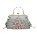 Light blue vintage floral jacquard handbag with elegant gold hardware and chain - Blue