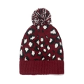 Women's leopard print knit hat in red with fluffy pom-pom and ribbed cuff - M (56-58cm) / Burgundy