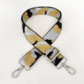 Close-up of camouflage woven bag strap with golden metallic thread and silver lobster clasps - Light Blue Gold Thread + Silver Buckle
