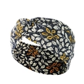 Navy blue twist yoga headband with white and yellow vintage leaf pattern print - Dark Background White Yellow Leaves (37)