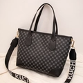 Women's black geometric print tote bag with wide logo strap and gold hardware - Grey Checkerboard / Black