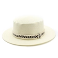 Detailed texture of beige flat top straw hat with black and white plaid ribbon trim - M (56-58cm) / Creamy White