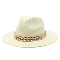 Detail of a chic cream straw fedora hat featuring a bold gold chain link band accent - M (56-58cm) / Cream