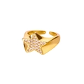 Adjustable gold star ring featuring sparkling clear zircons on a polished wide metal band - Adjustable Open / Gold Star Inlaid Style (G3197519)