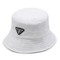 White bucket hat with textured seersucker fabric and fashion triangle logo badge - White