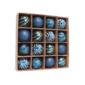 Set of 16 blue Christmas ornaments including glitter, matte, and pinecone shapes in a box - 16 Pieces Pack / Navy Blue
