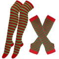 Macro detail of red and green striped knit over-knee socks and fingerless arm sleeves set - One Size / Red & Green Thin Stripes