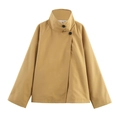 Short khaki trench coat for women featuring a stand collar and asymmetric button design - S / Camel