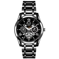 Men's silver and black stainless steel watch with hollow mechanical dial design - Black Black Luminous