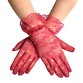 Close-up of red lace gloves with ruffle trim detailing on crossed hands for elegance - One Size / Burgundy
