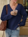 Women's elegant blue V-neck knitted sweater with long sleeves and ribbed cuffs - XS / Navy Blue