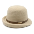 Breathable beige woven sun hat with brown leather band and gold buckle detail - M (56-58cm) / Beige