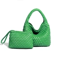 Grass green hand-woven tote bag set including a hobo shoulder bag and small pouch - Green