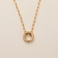Golden birthstone necklace with circular clear stone pendant and paperclip chain - Open Ring (Paperclip Chain)