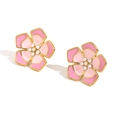 Pink enamel flower earrings with gold plating and small pearls on white background - Petal Stud Earrings (Double Pink)