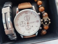 Men's quartz watch with brown leather strap and tiger eye bead bracelet gift set - Tiger's Eye
