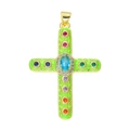 Golden cross pendant with green enamel, colorful gemstones and small diamonds - Pendant 81 (Gold Green Enamel Multi Stone Cross)