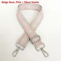 Detail of 3.8cm jacquard canvas strap with pink geometric pattern and silver metal hooks - Beige Pink Silver Hook