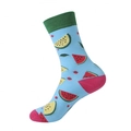 Light blue mid-calf socks with watermelon patterns and contrasting deep green ribbed cuffs - Light Blue Watermelon