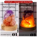 Natural amethyst and orange salt rock crystal lamp with a wooden LED base - 400g Stone + 10cm Warm Light USB Base (Non-washable) / Amethyst + Orange Salt Stone
