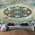 Detailed view of sun and moon mandala tapestry with gold Om symbol in a home setting - 150x130cm / Style 2 (Blue Gold Mandala Om)