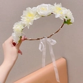 Forest style flower crown for girls with white roses and adjustable white ribbon - Flower Garland / Off-white