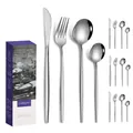 Polished silver stainless steel cutlery set with purple elegant gift box packaging - Portugal Style (16Pcs Set/Mail Box) / Silver