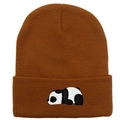 Braune Strickmütze mit süßer Panda-Stickerei am umgeschlagenen Rand für den Winter - 54-60cm / Karamell