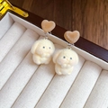 Cute cream plush rabbit earrings with brown flocked heart studs for autumn and winter - 143# Flocked Yellow Rabbit Heart / Yellow/Coffee